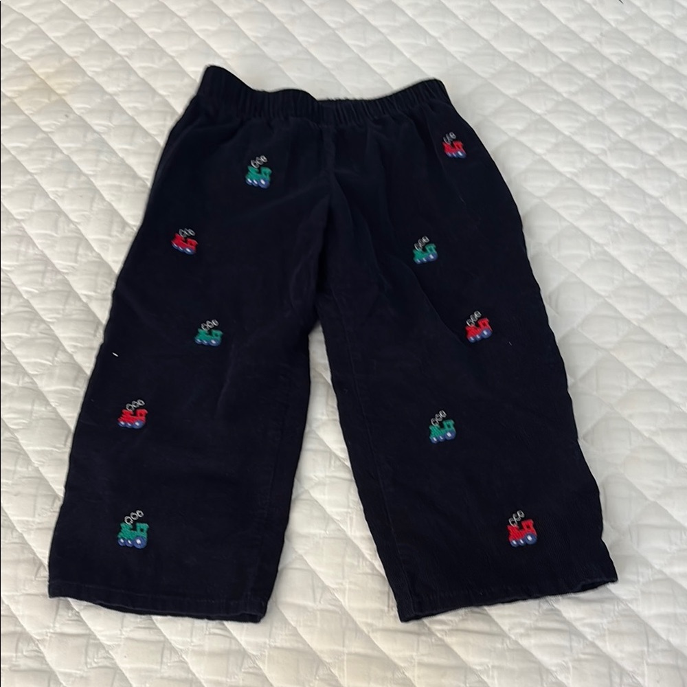 The Beaufort Bonnet Company Kids Black Pants with Colorful Train Embroidery